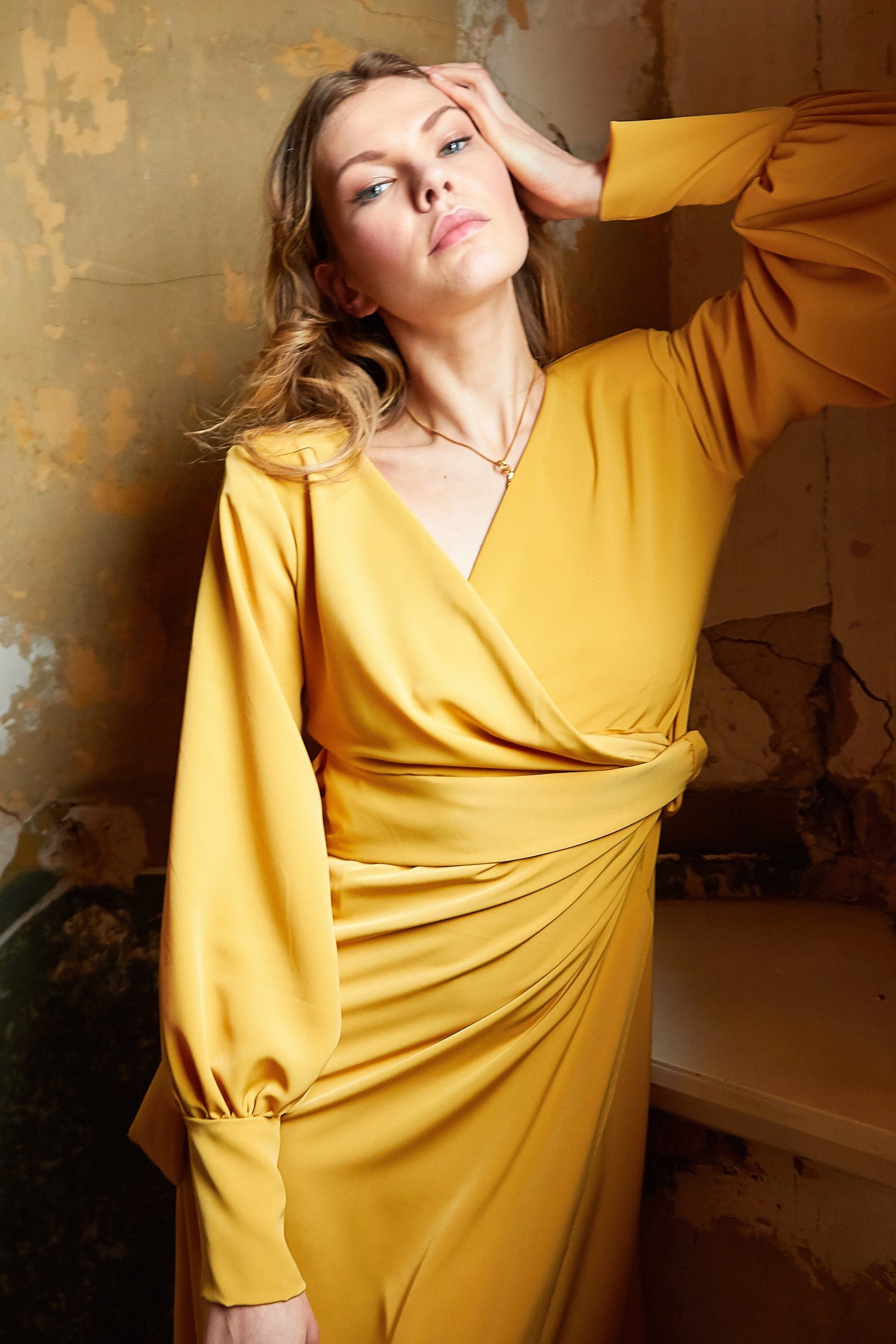 Mustard Wrap Dress - Amber-V-neck-wrap-maxi-dress-with-side-slit.2