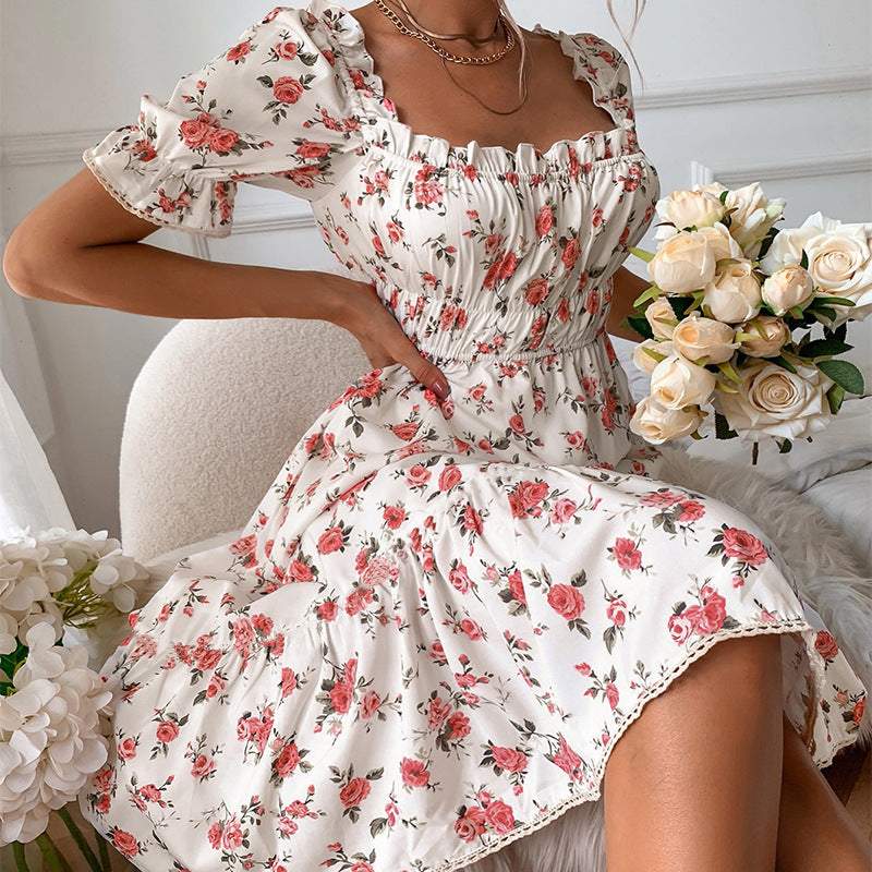 Elegant Square Collar Floral Print Ruffle Dresses