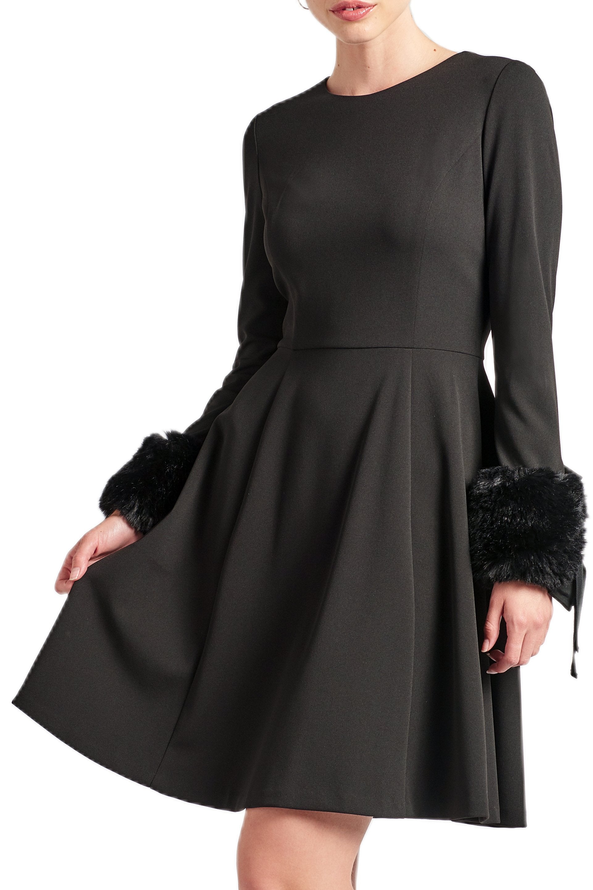 Caroline Dress - Crepe fit & flare dress with faux fur cuffs - CarolineDressclose-up