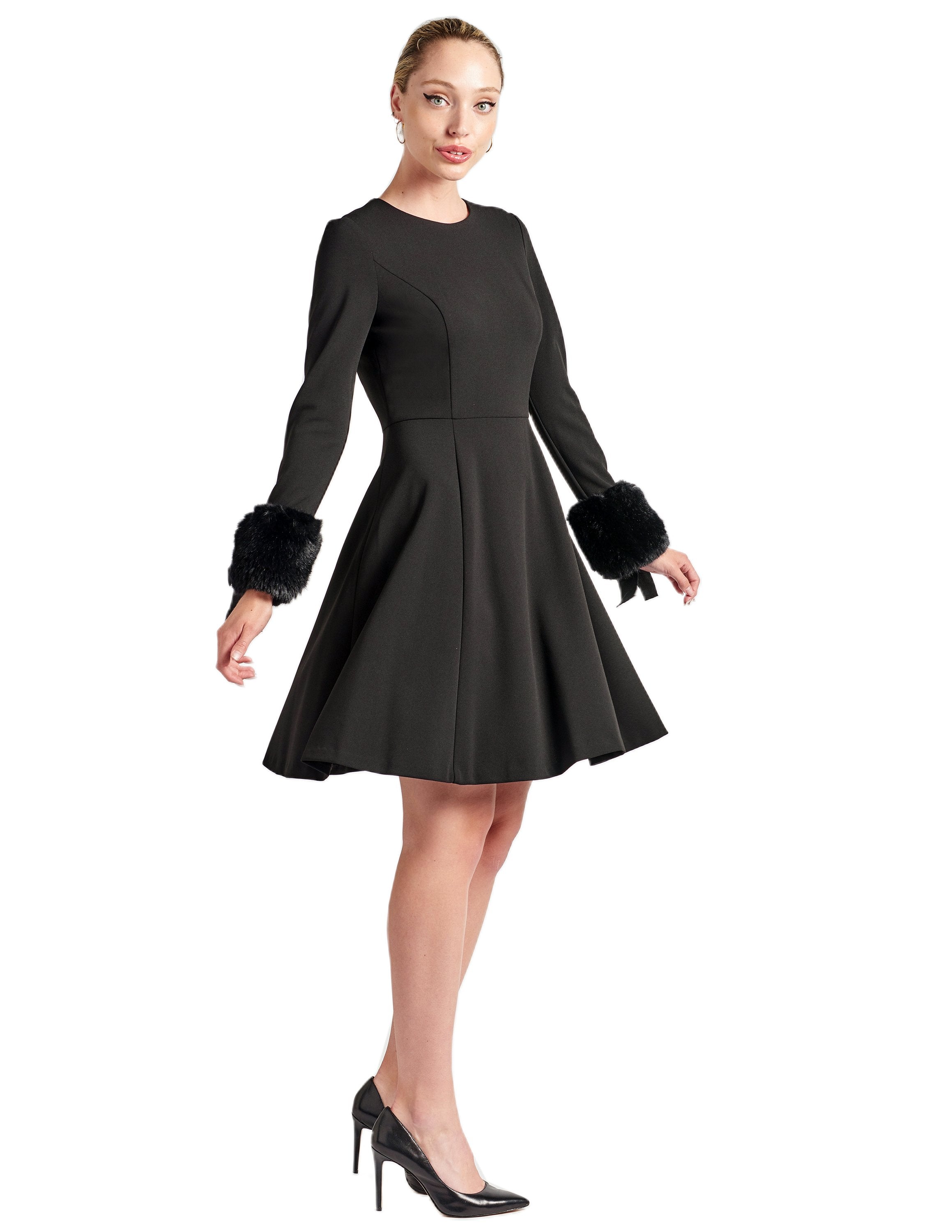 Caroline Dress - Crepe fit & flare dress with faux fur cuffs - CarolineDresstwirl_ba494f59-a6fa-41b3-9c14-10e814d0a23e