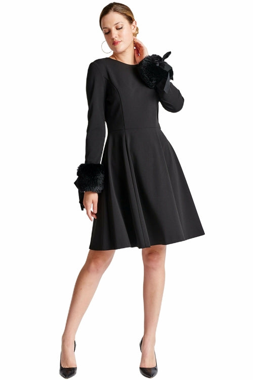 Caroline Dress - Crepe fit & flare dress with faux fur cuffs - Carolinefrontcropped