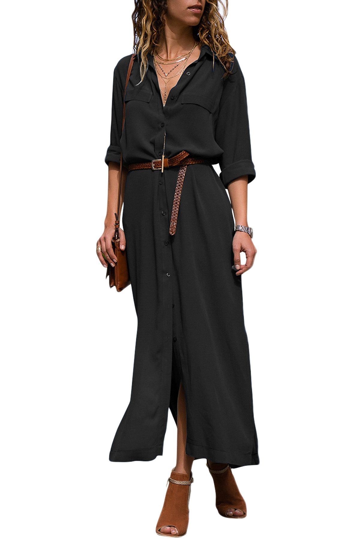Casual Black Slit Maxi Shirt Dress with Sash