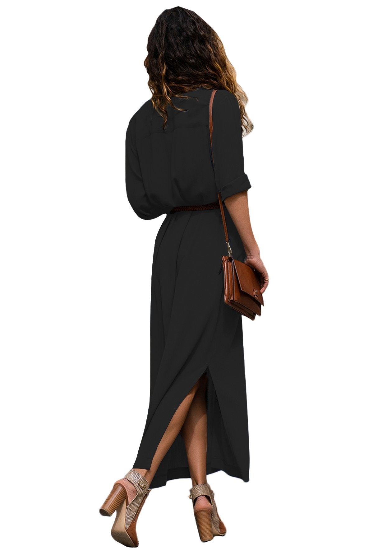 Casual Black Slit Maxi Shirt Dress with Sash - Casual_Black_Slit_Maxi_Shirt_Dress_with_Sash_2