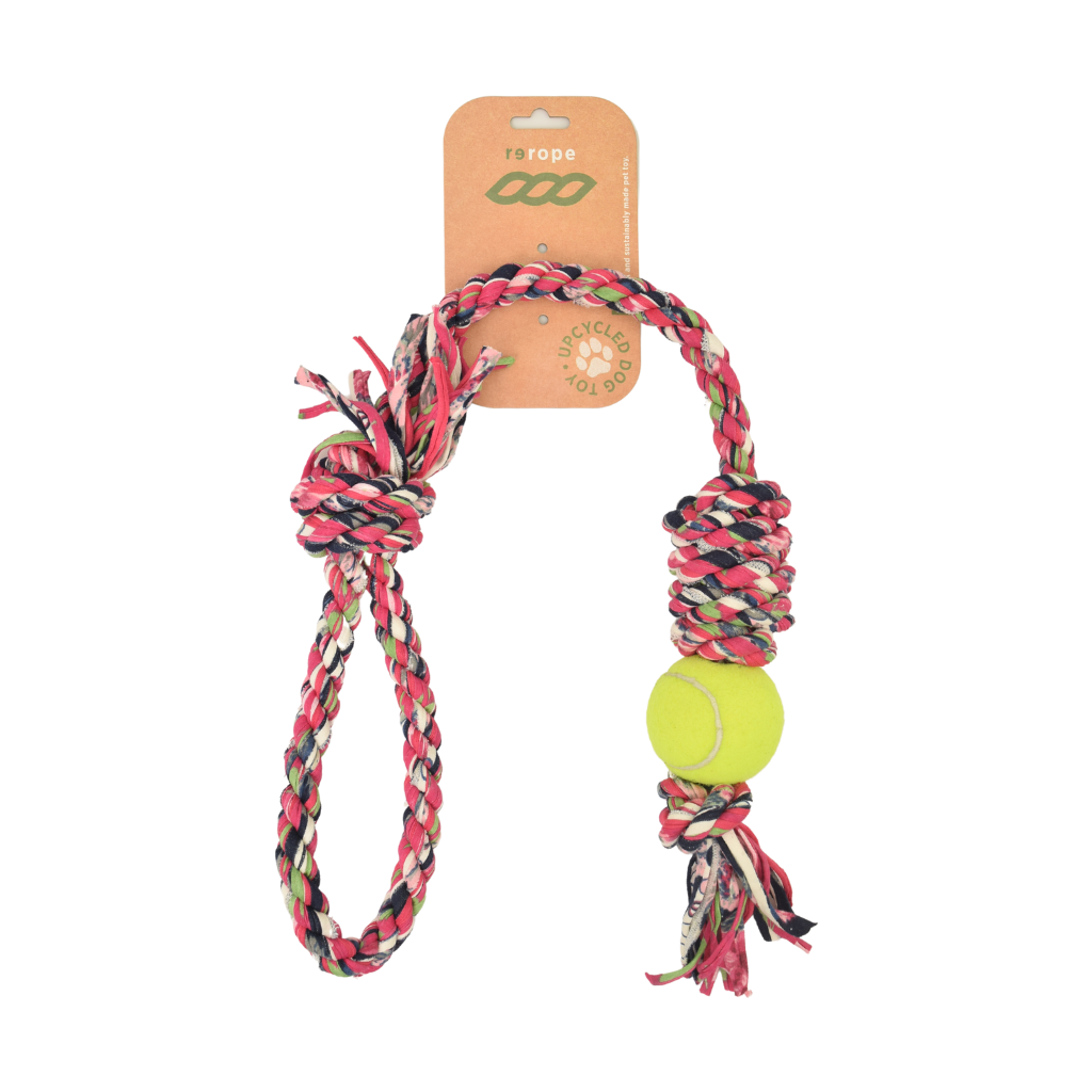 Rerope Looper Barrel with Tennis Ball Upcycled Textile Rope Dog Toys