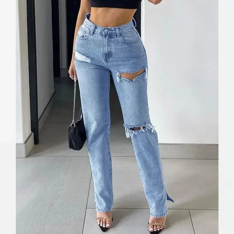 Women Sexy Ripped Denim Jeans Hipster Straight Split High Waist Loose
