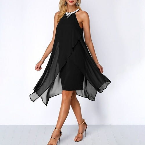 Black Cocktail Dress Summer Round Neck Fashion Chiffon Sleeveless - Women-Summer-Round-Neck-Fashion-Chiffon-Sleeveless-Dress-Irregular-Double-Layer-Beach-Party-sexy-Loose-Dresses
