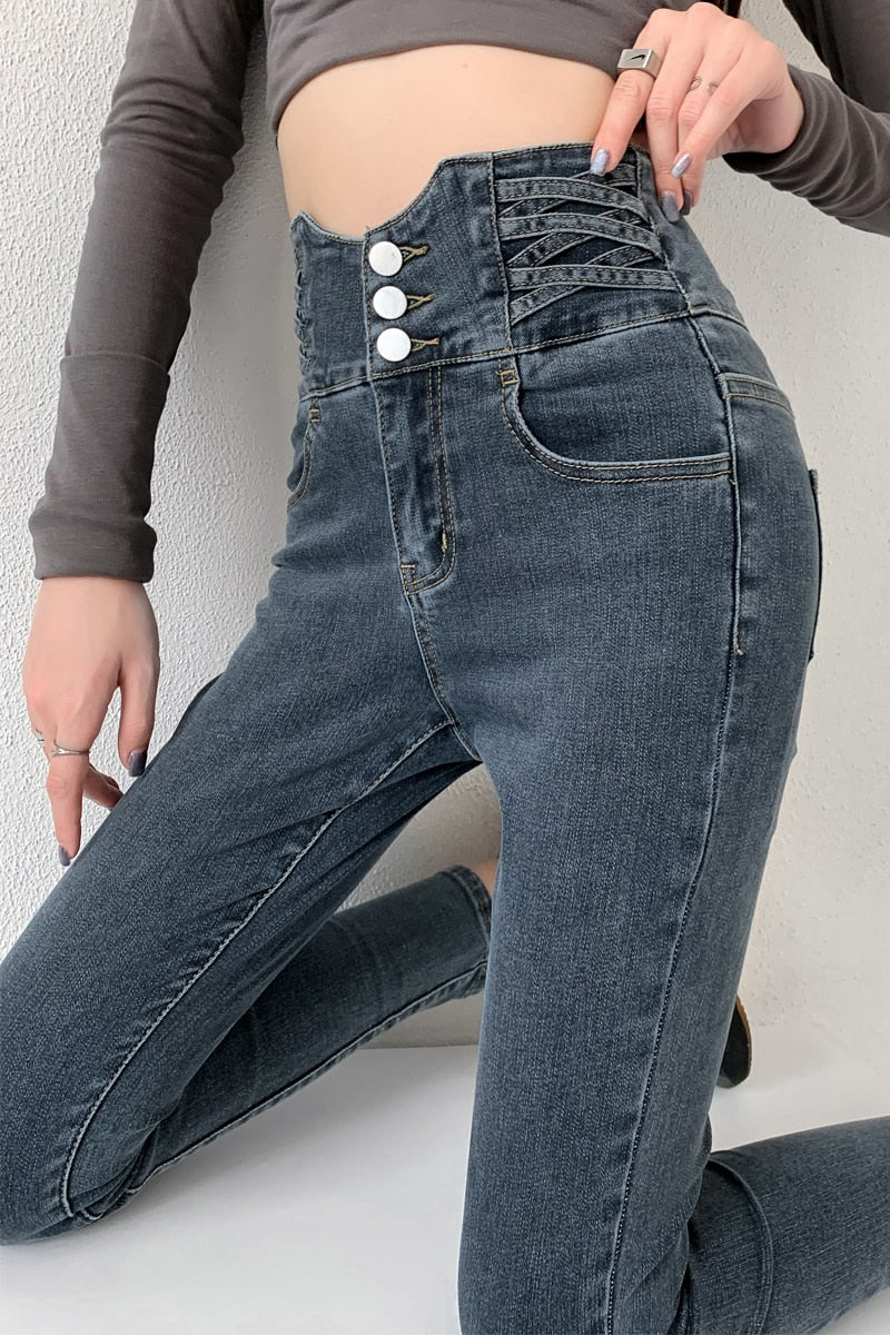 Skinny Pencil Jeans Four Buttons Vintage High Waist Women Slim Stretch