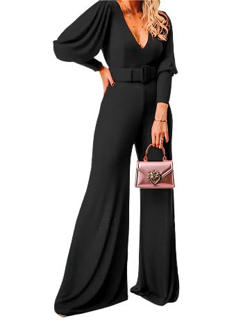 Sexy V Neck Long Sleeve Wide Leg Rompers Women Jumpsuit with Belt