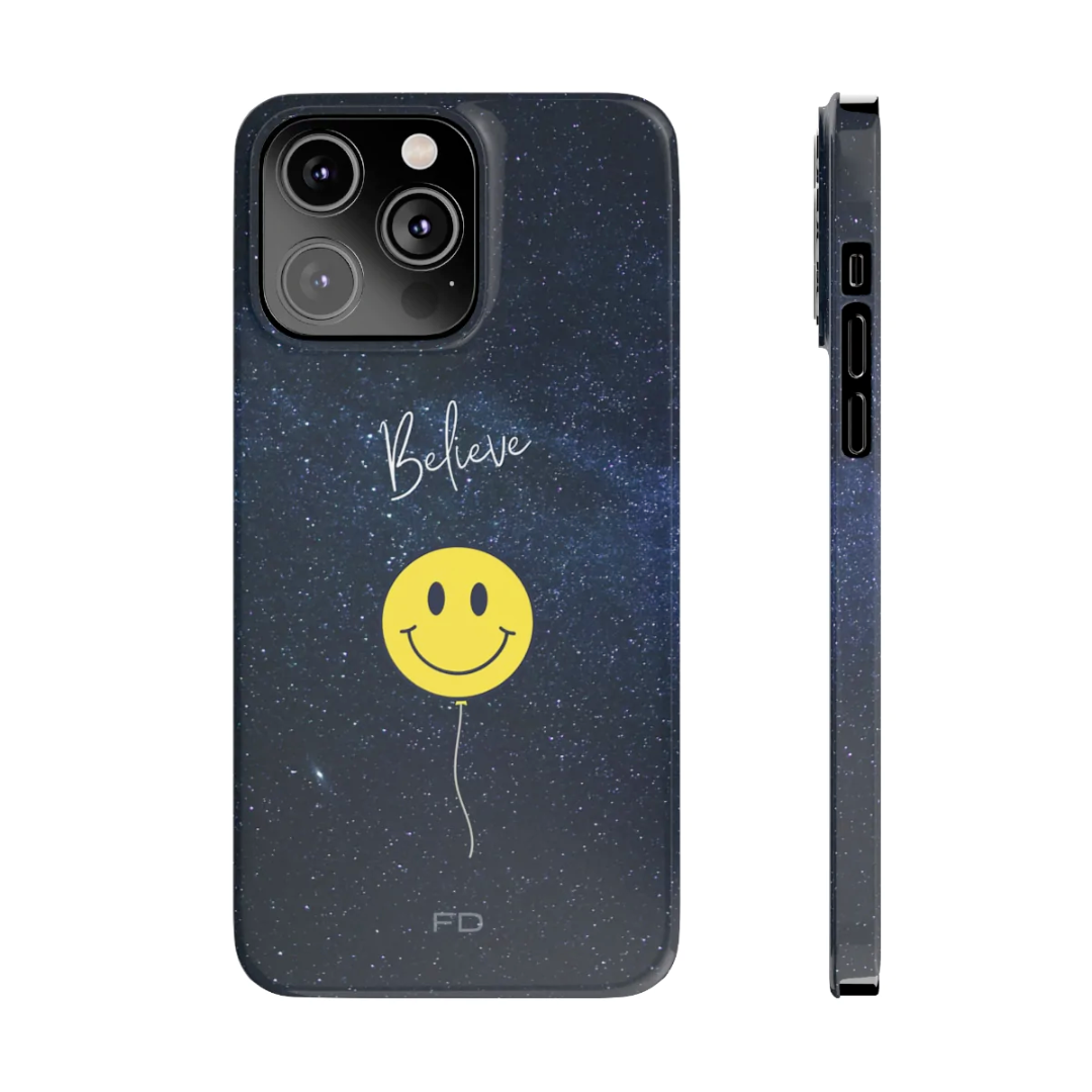 Smiley Face in Space Believe Slim Case for iPhone 14 Series