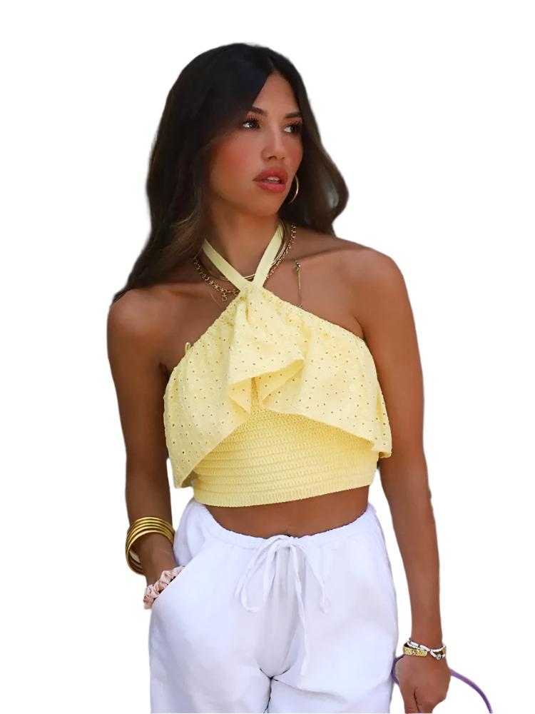 Embriodery Women Yellow Lace Halter Sexy Top Cotton Camis