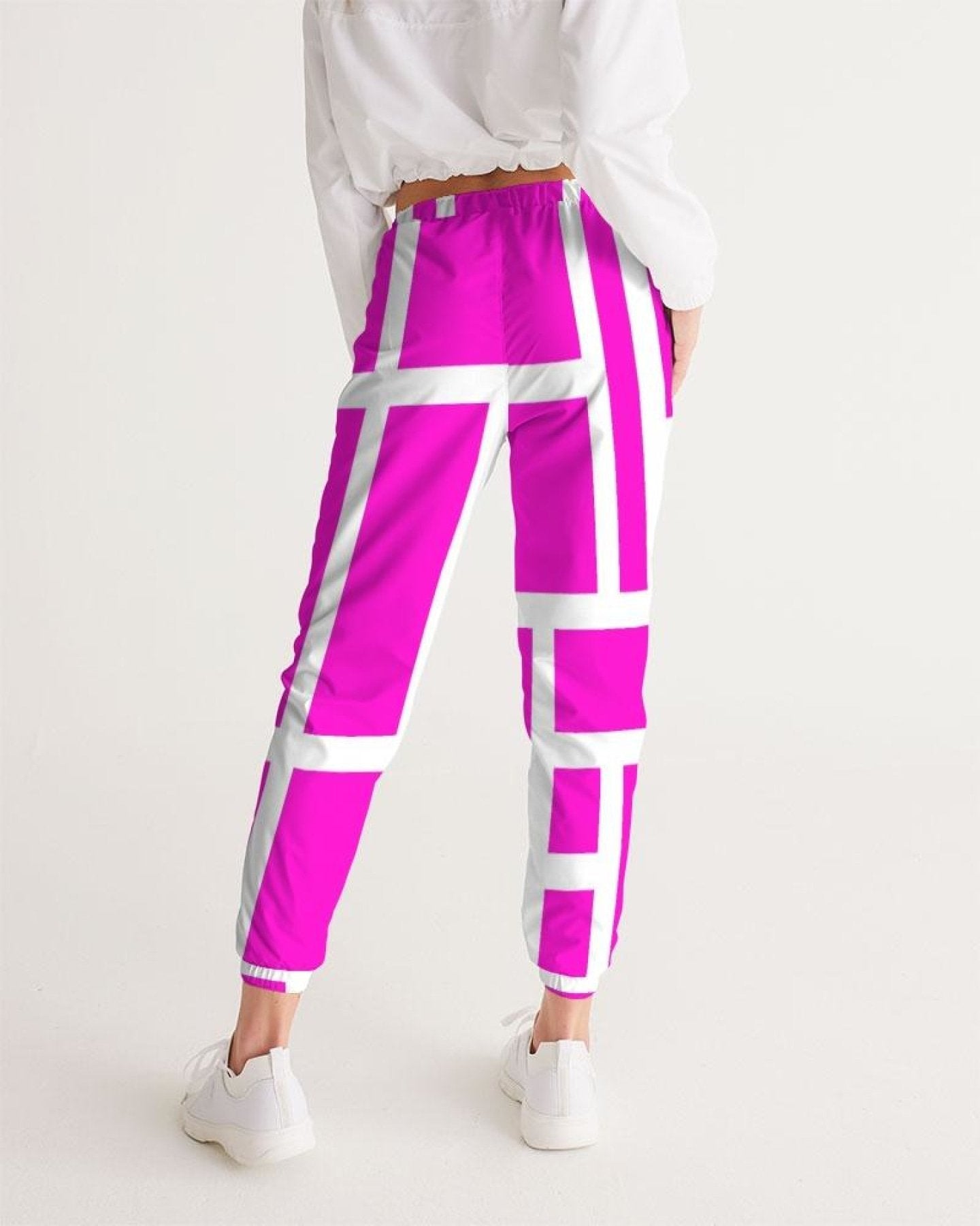 Womens Track Pants - Pink & White Block Grid Graphic Sports Pants
