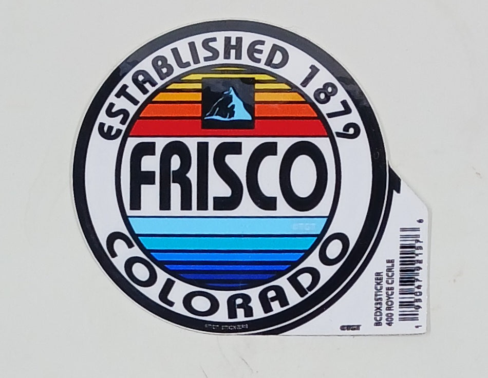 Colorado Sticker that uses bright colors to illustrate water and a sunset. It also says the elevation of 9,0097 feet and Frisco, Colorado