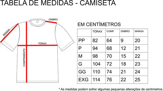 Tabela de medidas da Camiseta Masculina