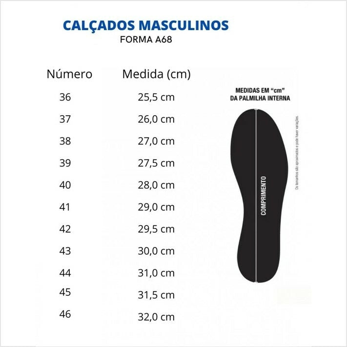 Tabela de medidas do tênis