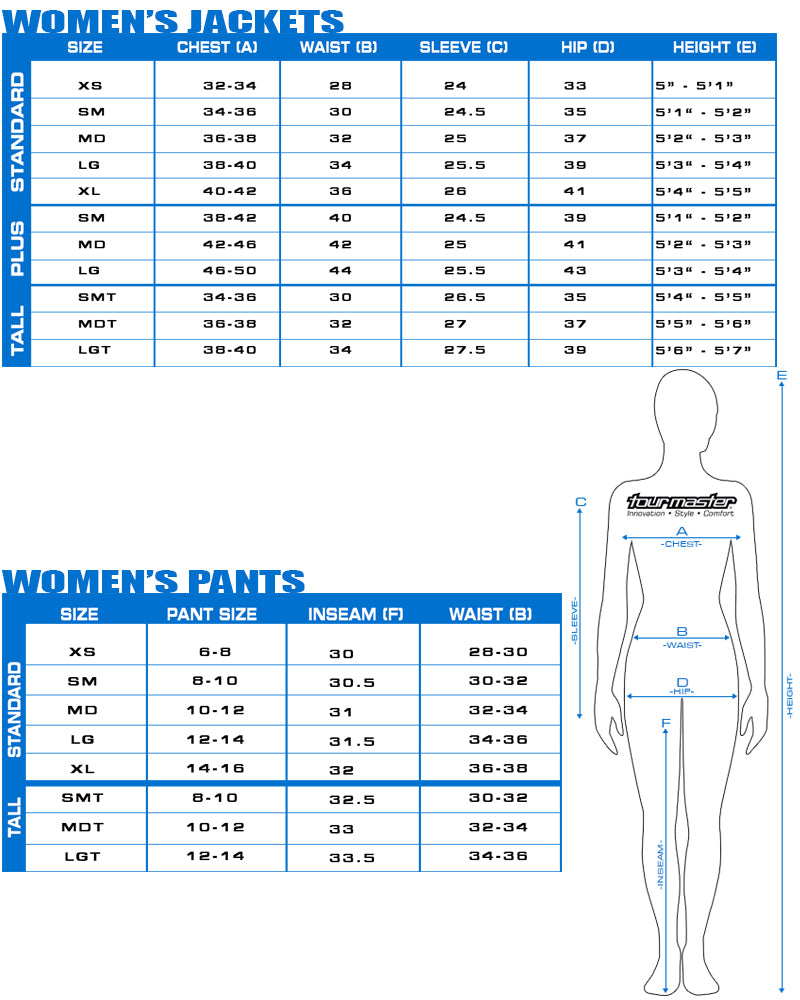 Tourmaster Women's Jacket and Pant Size Chart — HFX Motorsports