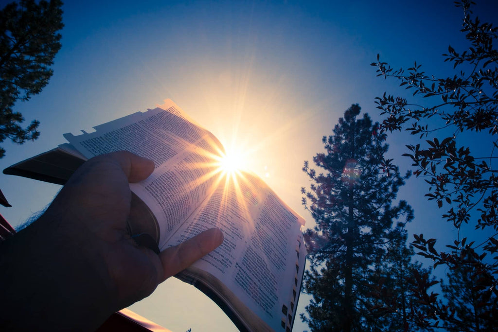 A person holding a religious book toward the sun