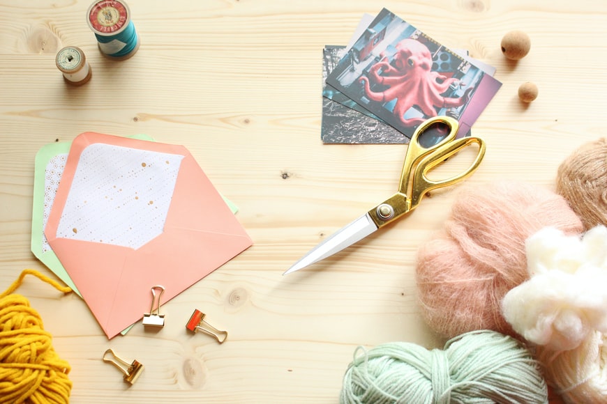 Colorful arts and crafts tools lying on a table