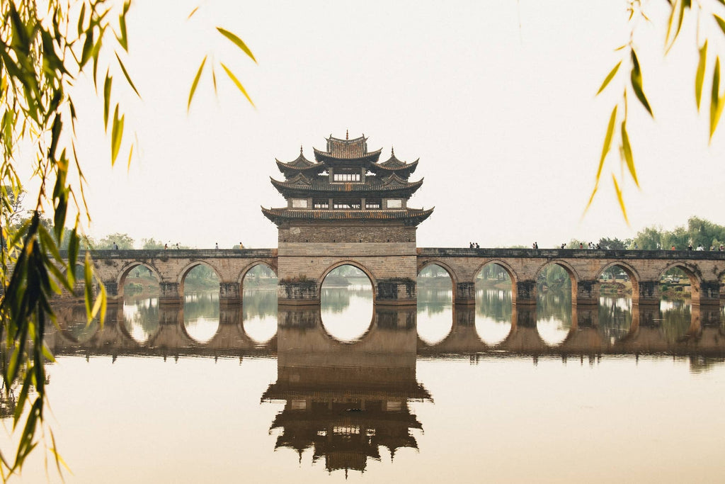 An ancient Chinese bridge and temple