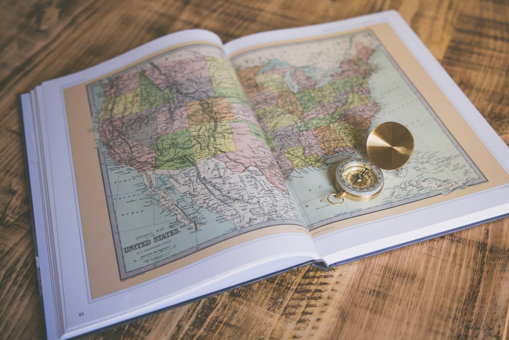 A United States map and a compass