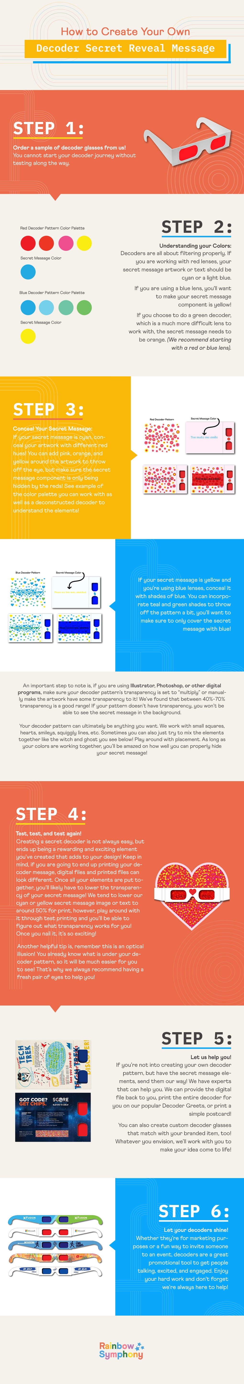 An infographic by Rainbow Symphony that explains how to create your own secret message that can be revealed with decoder glasses