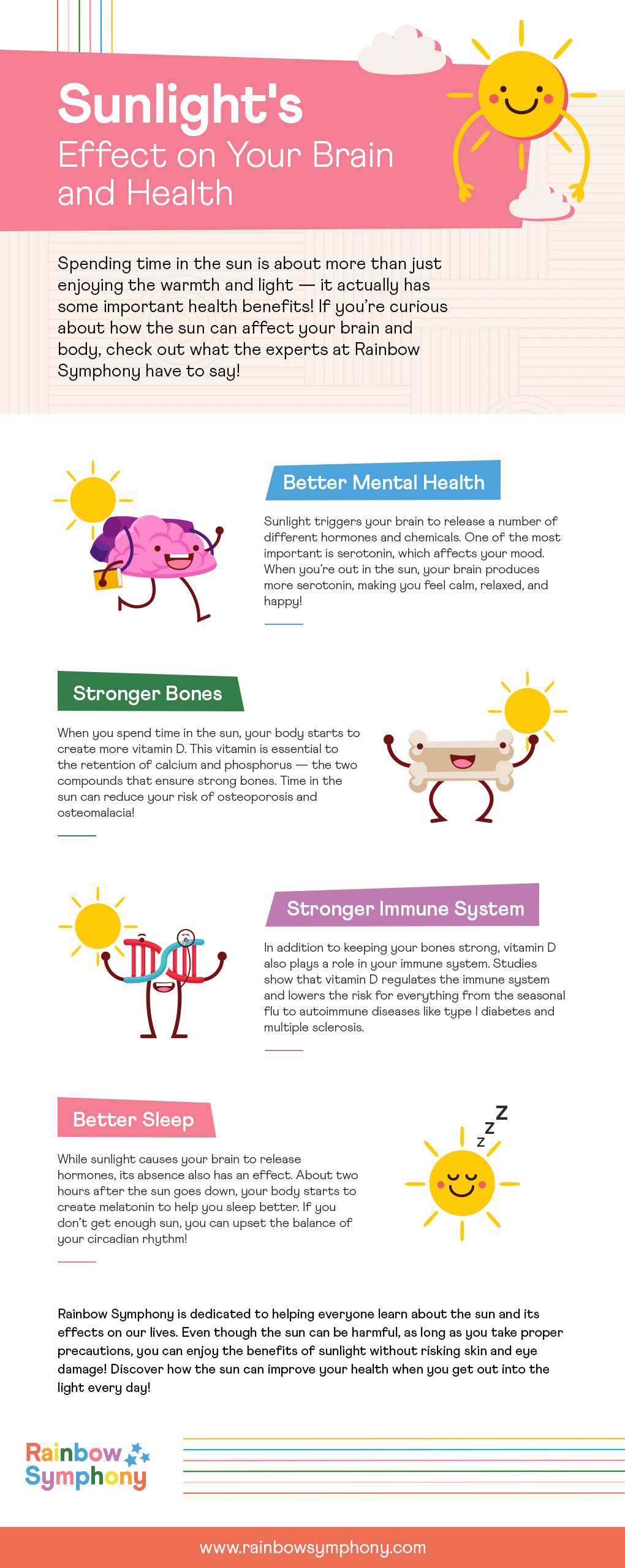 A Rainbow Symphony infographic on sunlight's effect on your brain and health