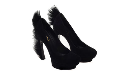 Louis Vuitton - Editorial, Black Suede Ankle Wrap Pumps with Pearl