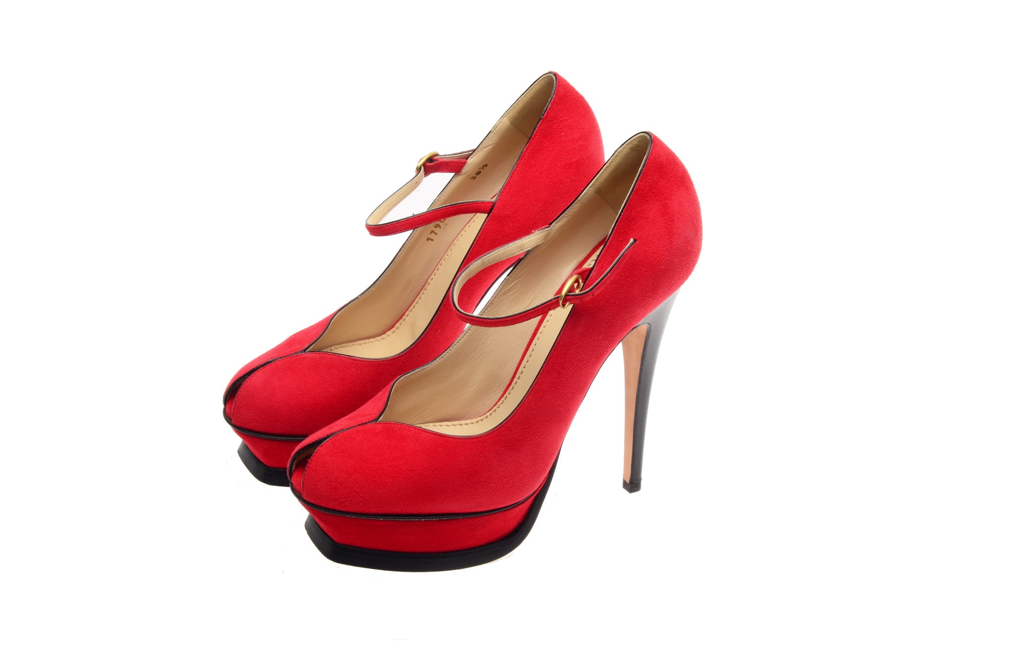 red suede peep toe heels