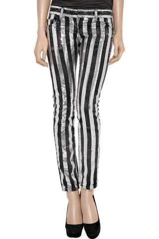black trousers with silver stripe