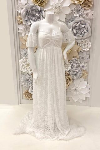 white lace off shoulder maternity dress