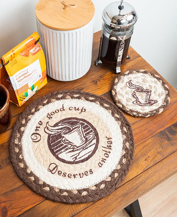 Coffee themed braided trivet and coaster with french press.