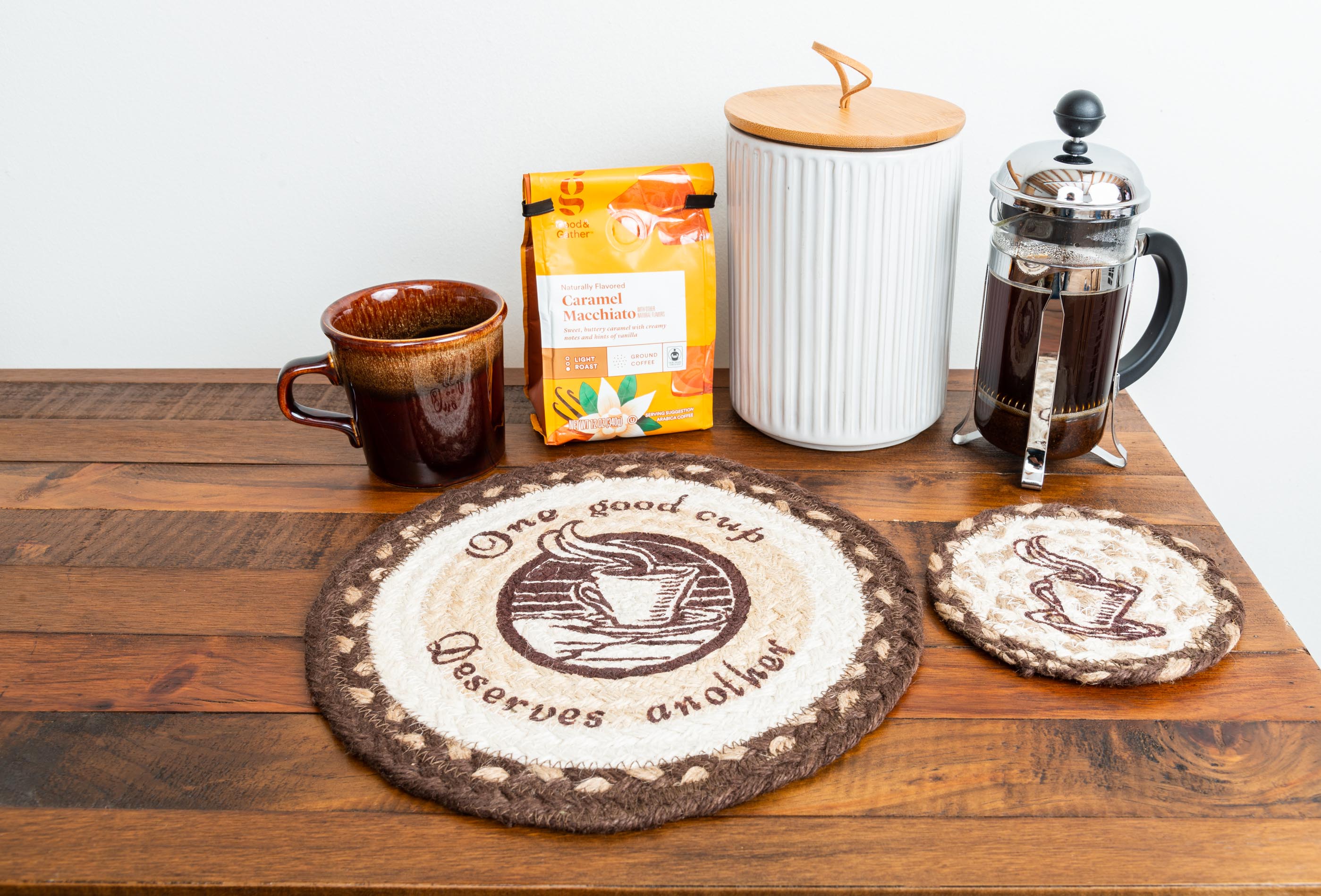 Trivet and coasters for coffee lovers made from braided jute 
