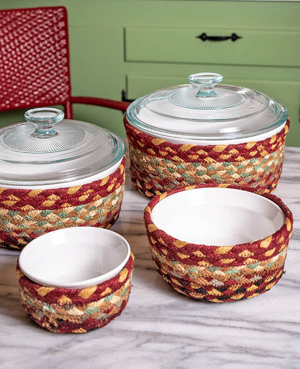 Braided baskets for casserole dishes in country kitchen