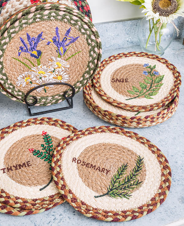 Rosemary, Sage, and Thyme trivet set made from braided jute.