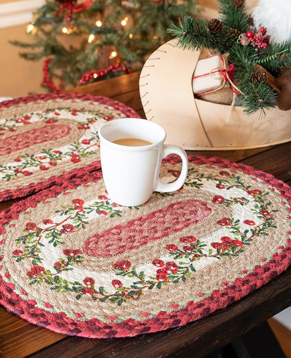 holiday table setting with cranberry border placemats