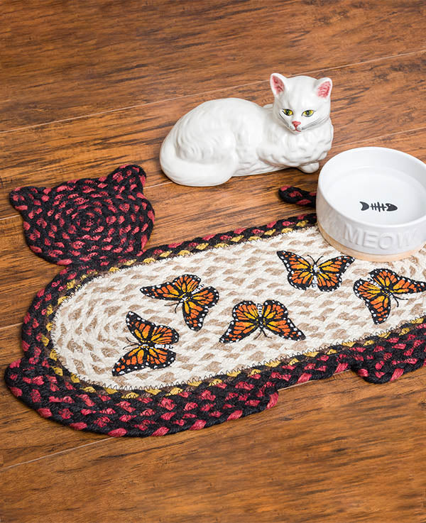 Cat shaped pet rug with butterfly design