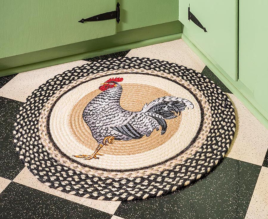 Accent rug with black and white rooster design