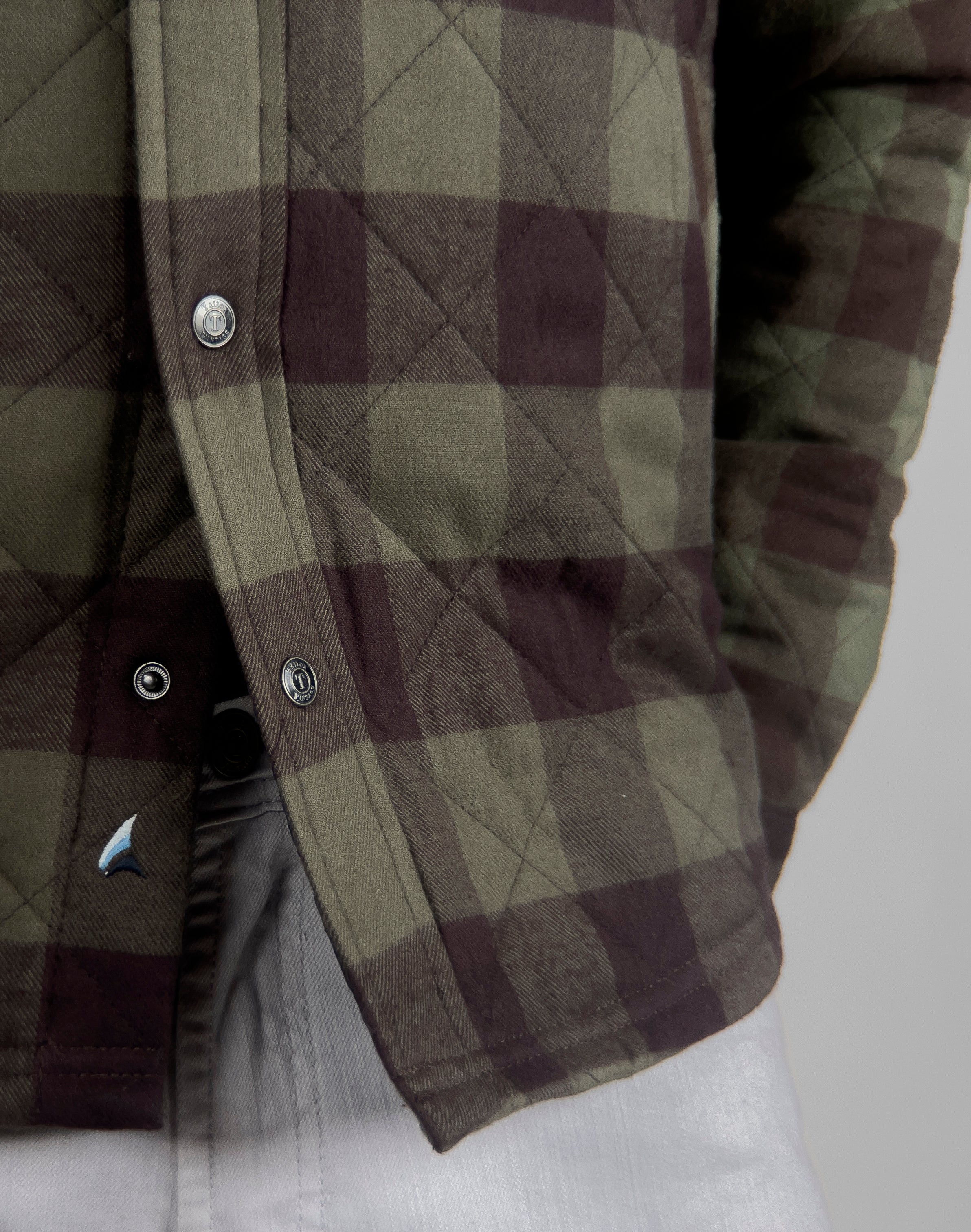 Flannel Quilted Shirt Jacket in Army/Black Coffee Buffalo