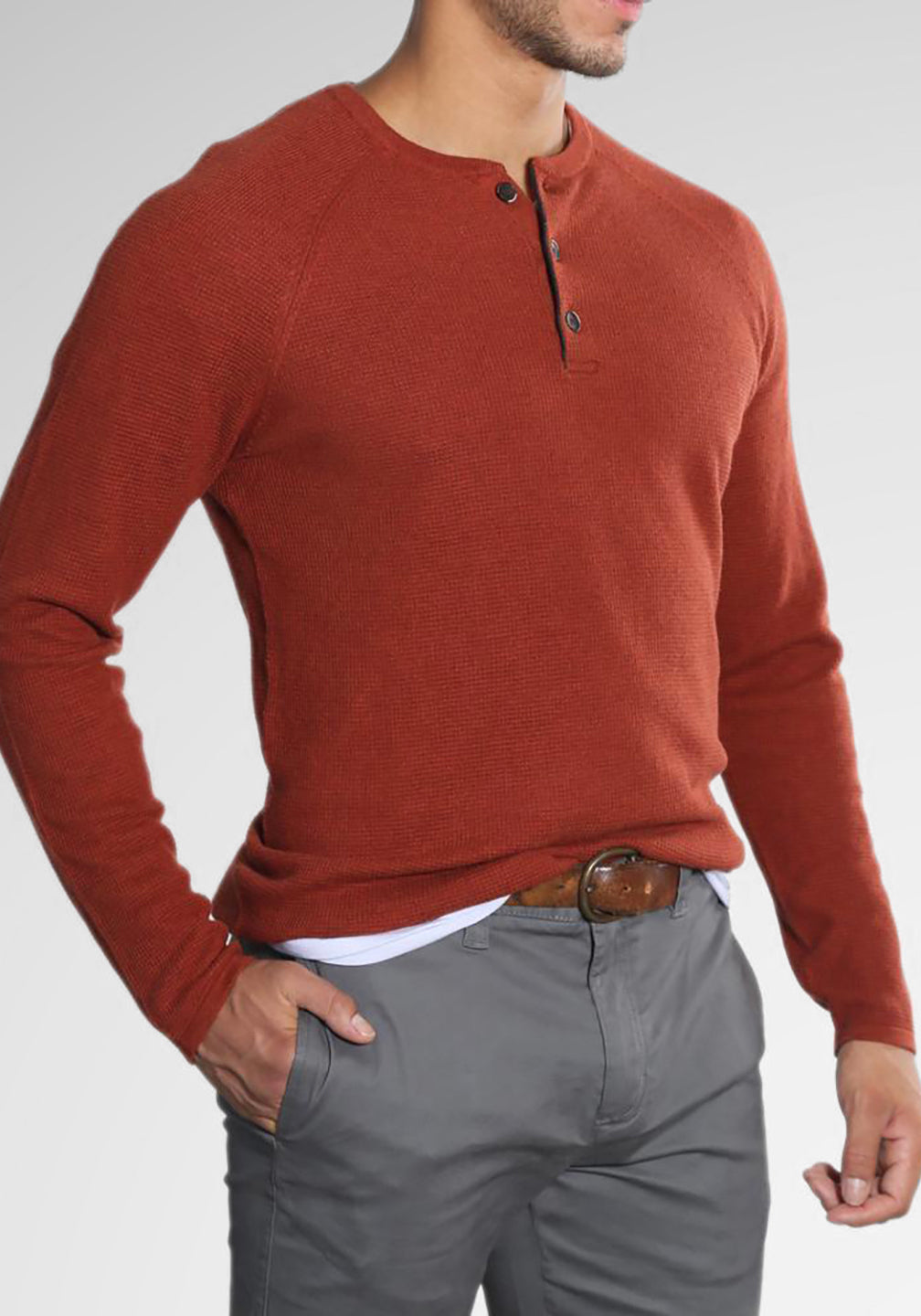 Cotton/Cashmere Waffle Henley Sweater in Cinnamon Stick