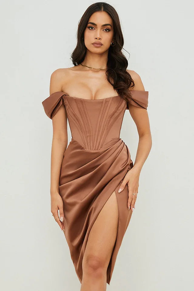 High Quality Satin Bodycon Dress Women Pink Off Shoulder Dress Sexy Party Bodycon Dress Celebrity Evening Club Dress Lined - Image 8