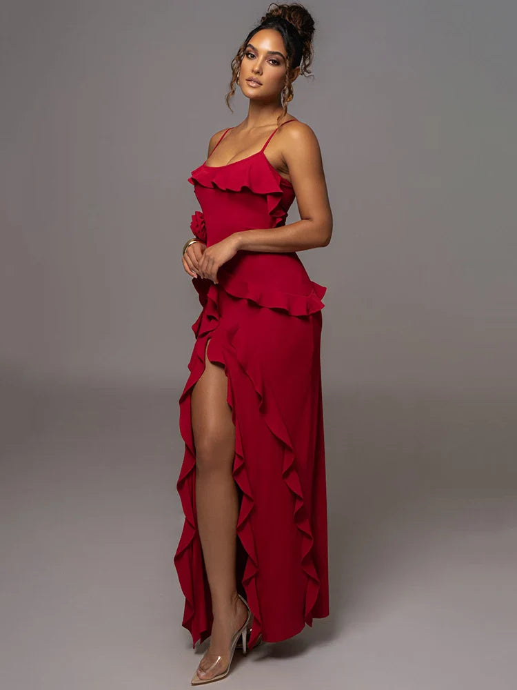 Elegant Ruffle Sexy Maxi Dress Women Spaghetti Strap Flower Sleeveless Backless High Split Club Party Evening Dress - Image 3