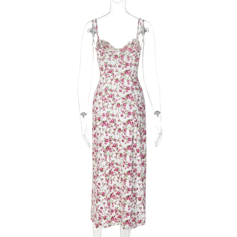 Summer Floral Print Lace Trim Bodycon Maxi Split Beach Dress Sundress Women Y2K Streetwear Sleeveless Backless Long Dresses - Image 6