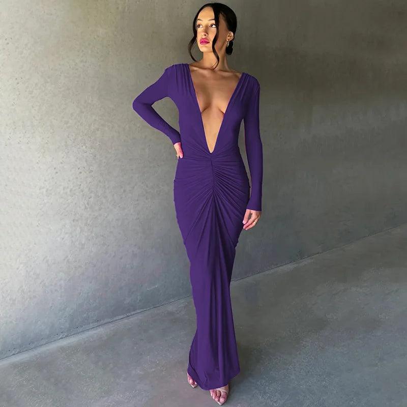 Dress Fashion Ruched Draped Deep V Maxi Dress Elegant Knit Long - Image 7