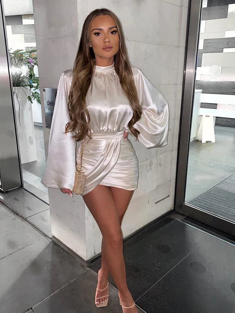 Ruched Satin Dress Women White Latern Sleeves Sexy Party Dress Autumn Night Club Mini Dresses Vestdios - Image 4