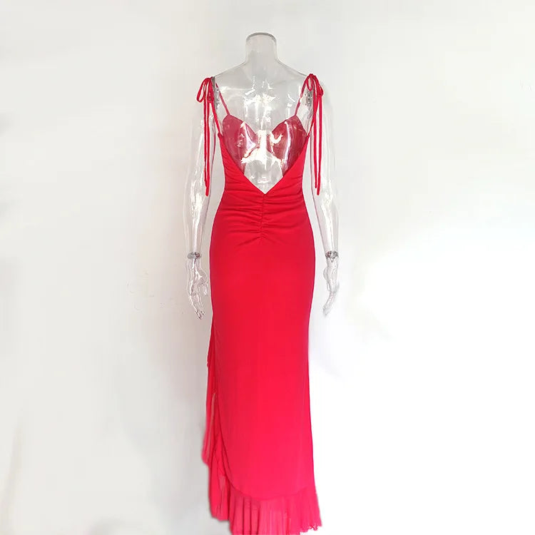 Wedding Guest Dress Women Summer Backless Mesh Dress Sexy Maxi Bodycon Hollow Out Party Dresses Red - Image 6