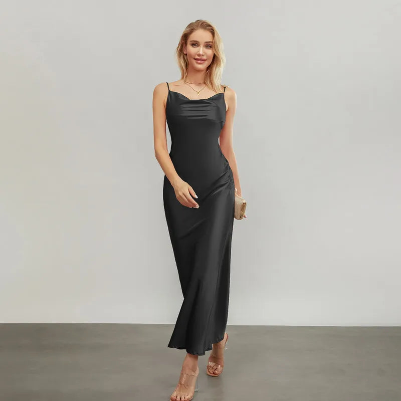 Women Long Bodycon Dress Evening Party Summer Clothes Solid Color Spaghetti Strap Cowl Neck Sleeveless Backless Dress - Image 6