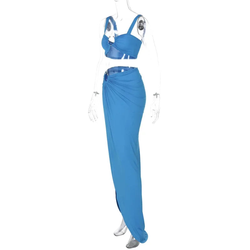 Summer Hollow Out Bodycon Dress Suits Women Sleeveless Backless Crop Top Corset Split Maxi Skirt Two Piece Beach Matching Sets - Image 5