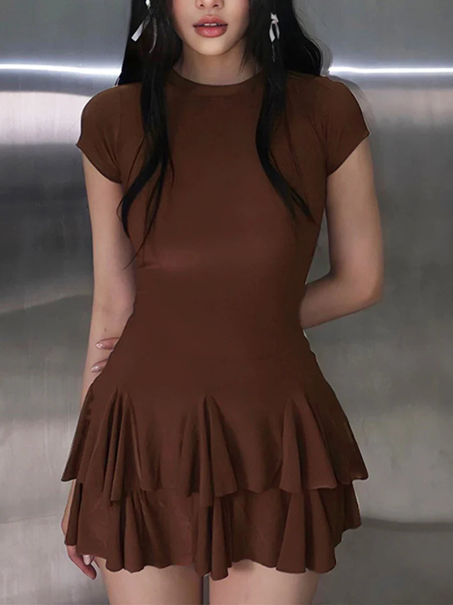 Women Summer Bodycon Mini Dress Solid Round Neck Short Sleeve Dress A-line Dress Casual Mini Dress Fashion Streetwear - Image 5
