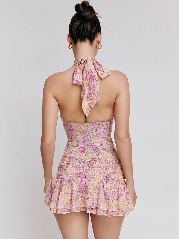 Sexy Sleeveless Print Two Piece Set Women Button Suspended Tank Top Lace up Hundred pleats Mini Skirt Set Beachwear 2024 - Image 4