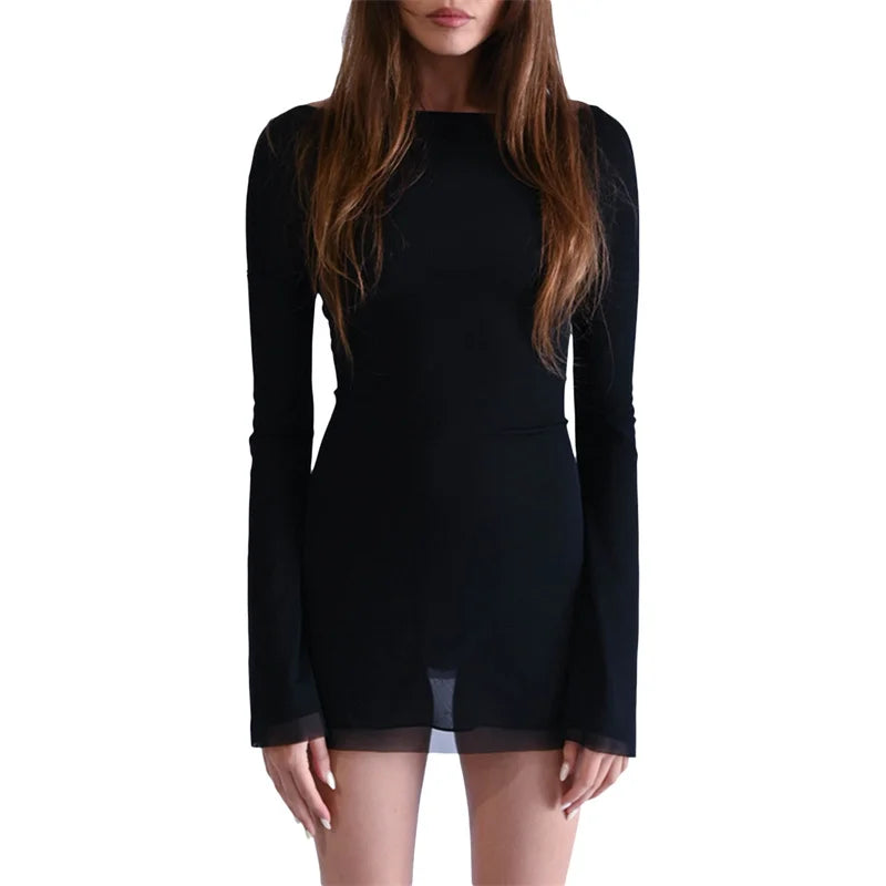 y2k Short Dress 2000s Aesthetic Women Sheer See Through Round Neck Long Sleeve Bodycon Dress Party Dresses