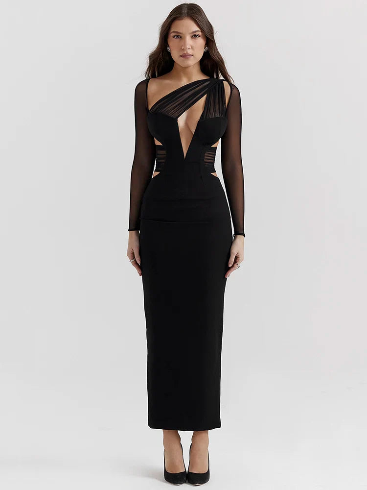 Elegant Hollow Out Bodycon Sexy Maxi Dress For Women Fashion Mesh Sheer Long Sleeve Club Party Sexy Long Dress